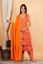 Orange Chinon Printed Layered Anarkali With Dhoti Style Pant