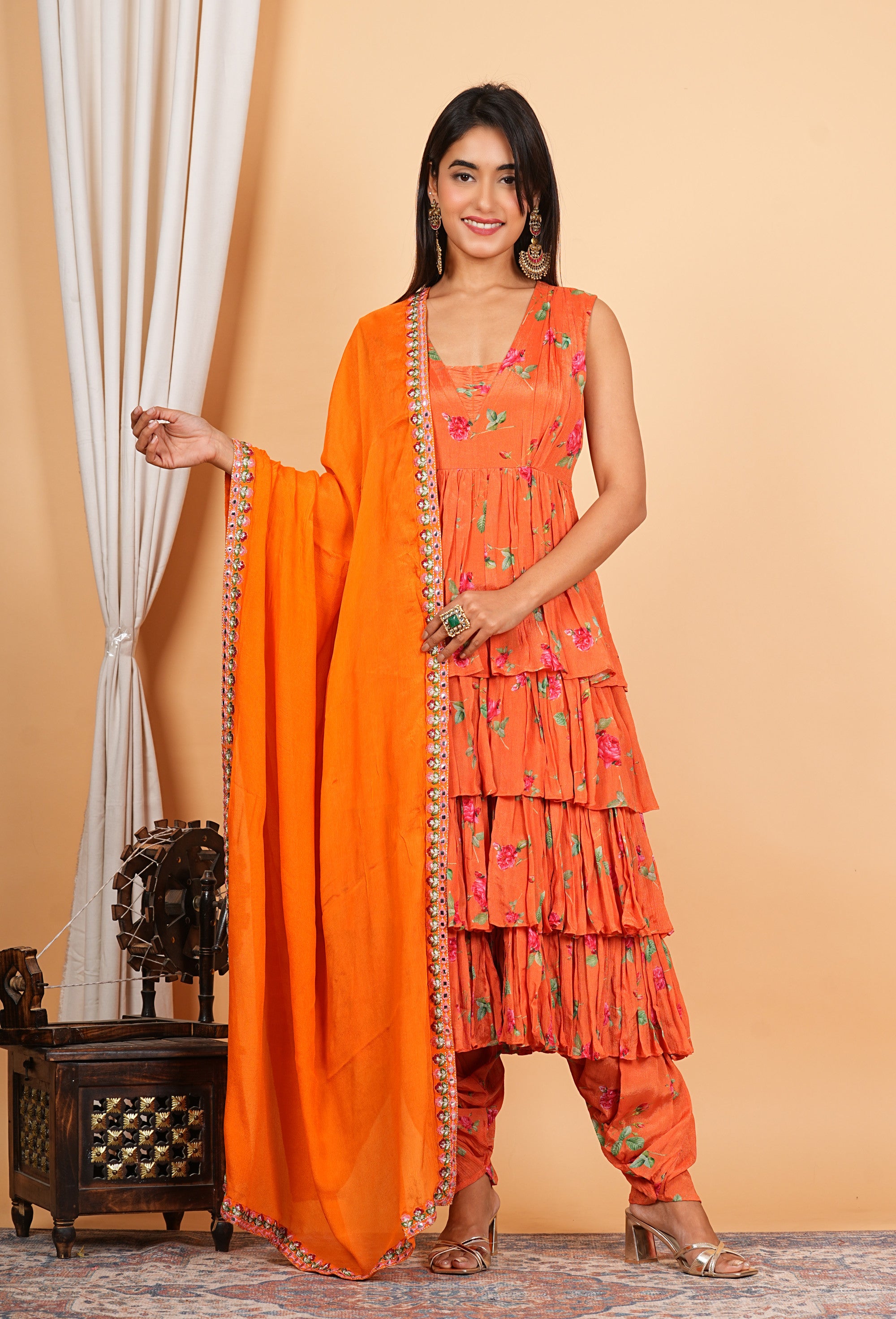 Orange Chinon Printed Layered Anarkali With Dhoti Style Pant