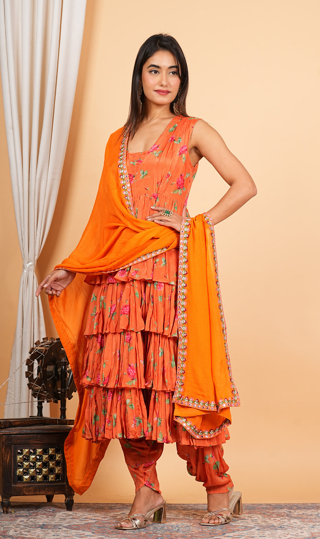Orange Chinon Printed Layered Anarkali With Dhoti Style Pant