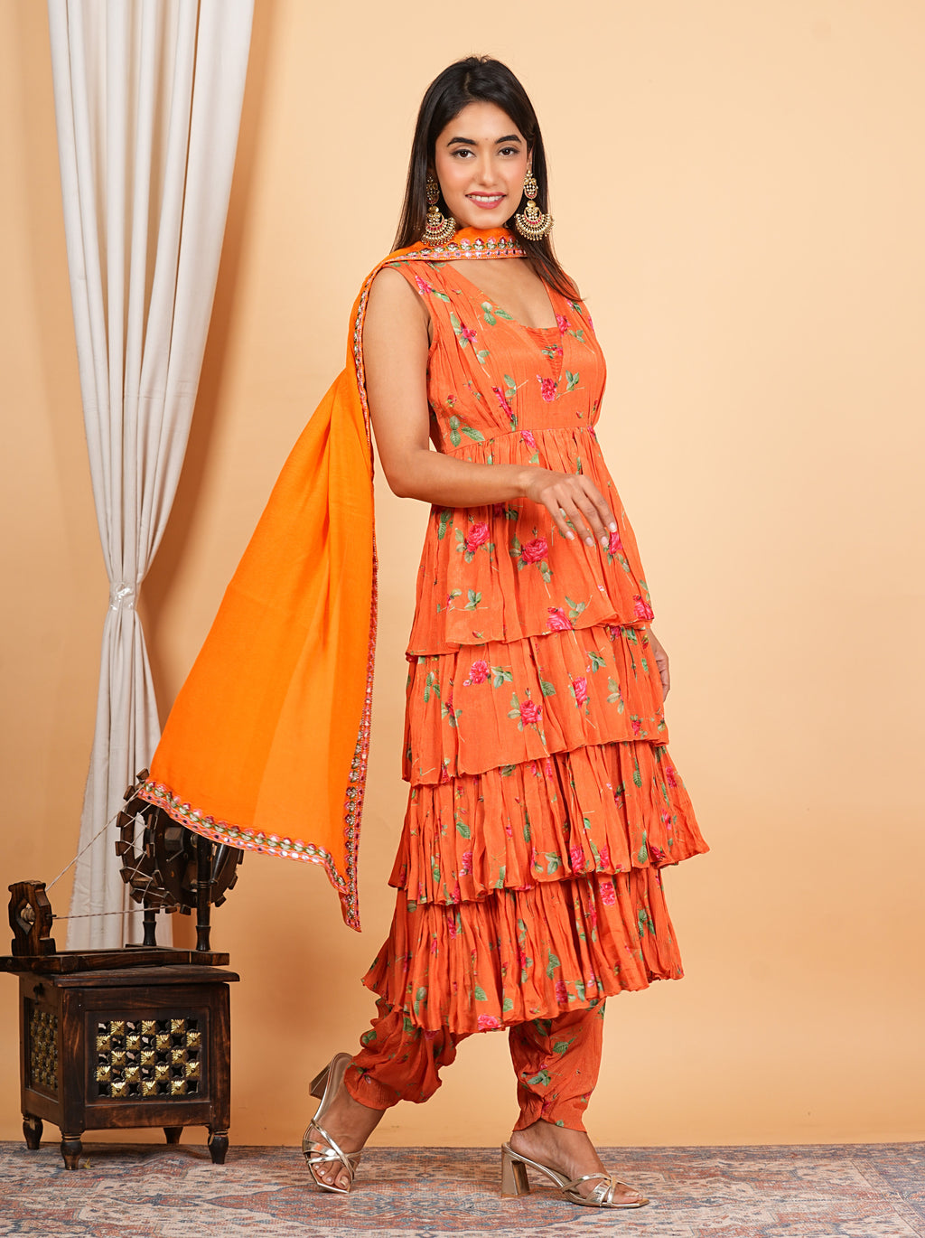 Orange Chinon Printed Layered Anarkali With Dhoti Style Pant