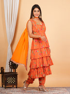 Orange Chinon Printed Layered Anarkali With Dhoti Style Pant