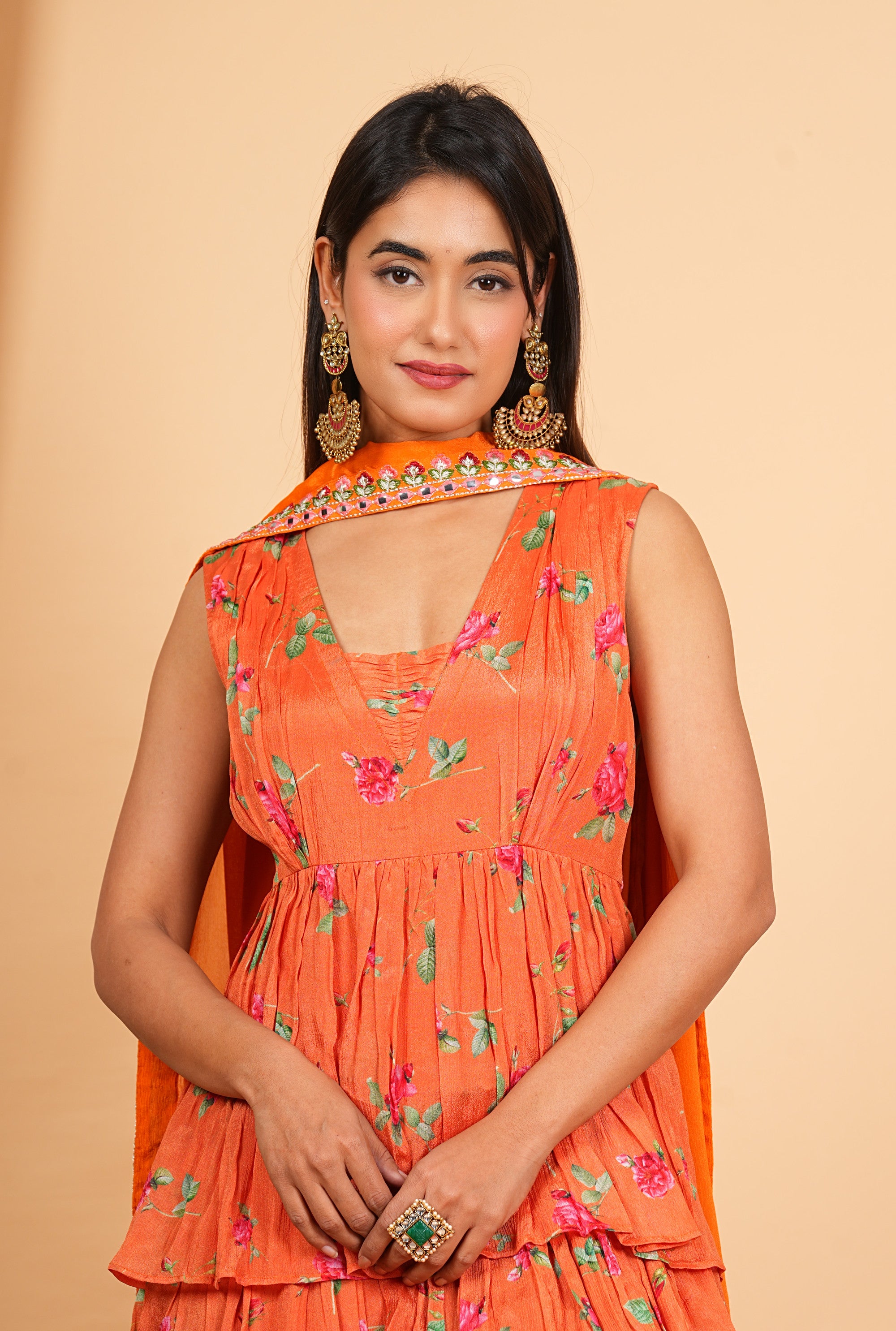 Orange Chinon Printed Layered Anarkali With Dhoti Style Pant