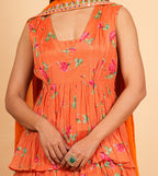 Orange Chinon Printed Layered Anarkali With Dhoti Style Pant