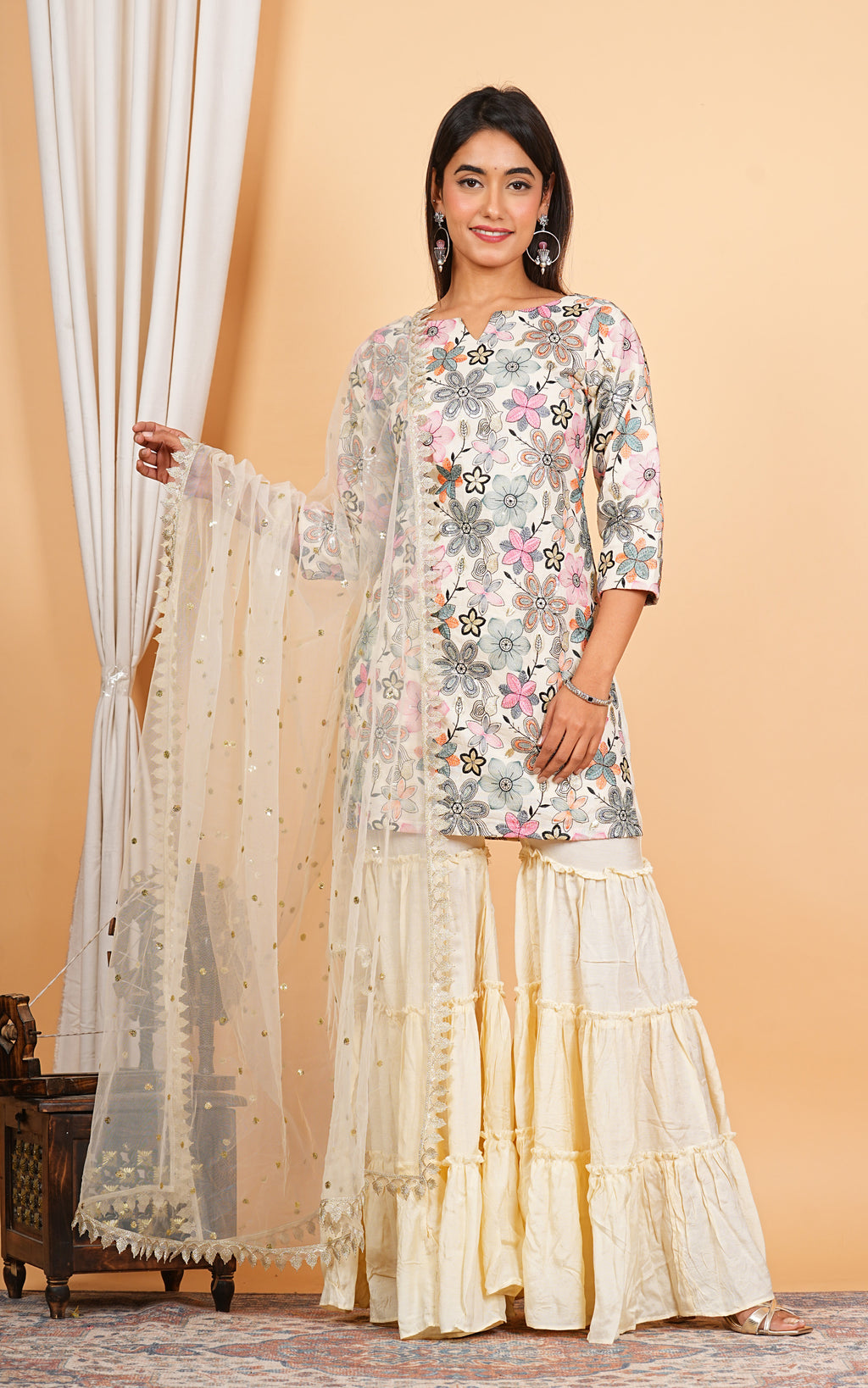 Cream Cotton Embroidered Top With Sharara