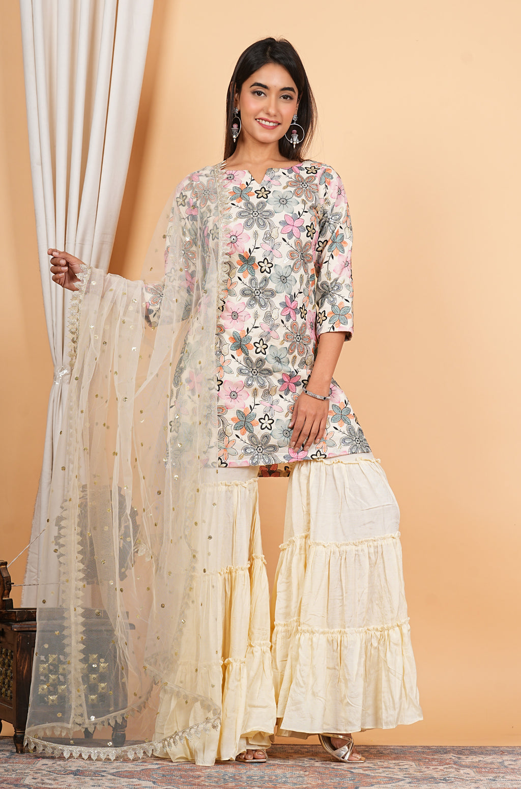 Cream Cotton Embroidered Top With Sharara