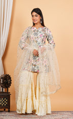 Cream Cotton Embroidered Top With Sharara