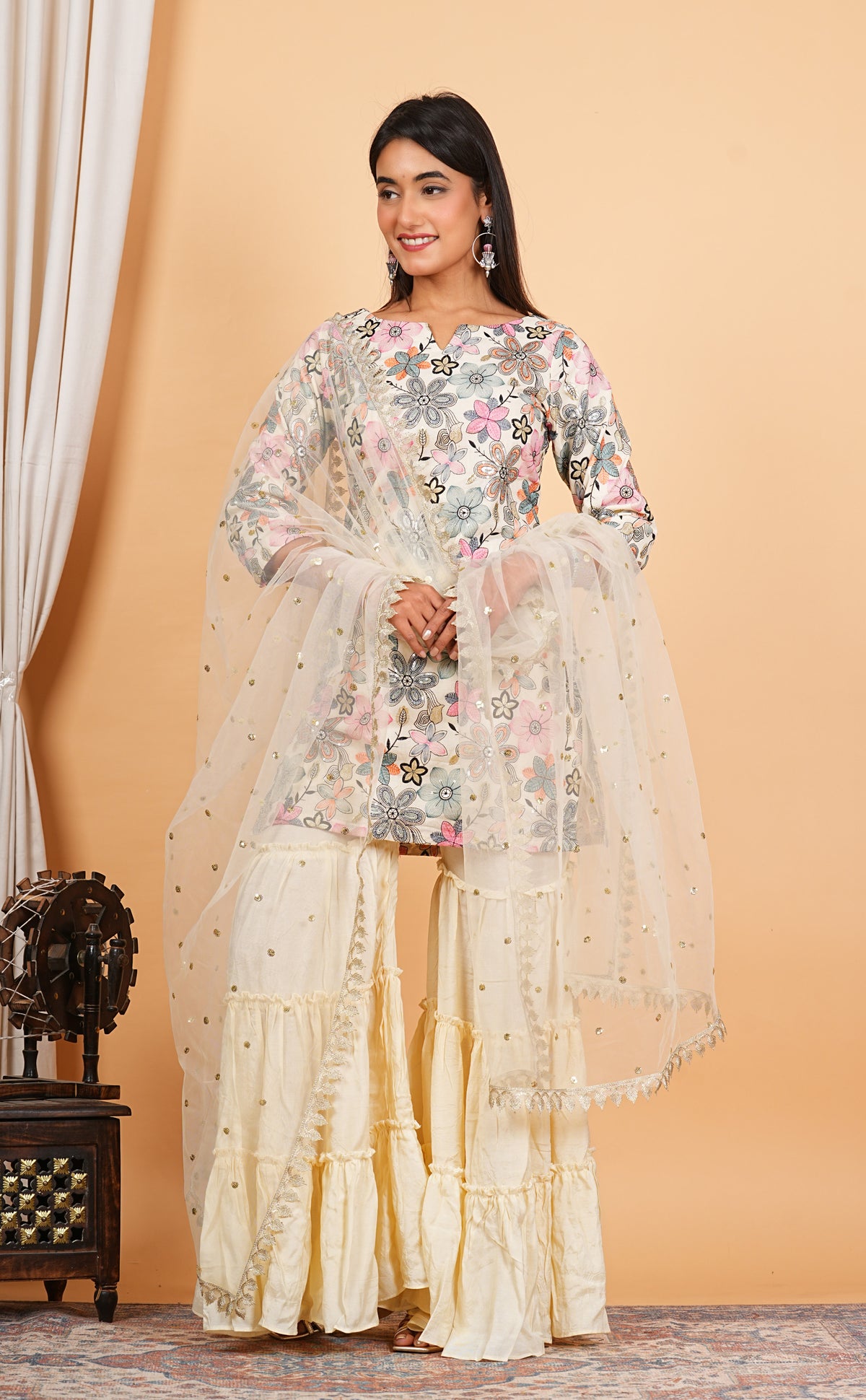 Cream Cotton Embroidered Top With Sharara