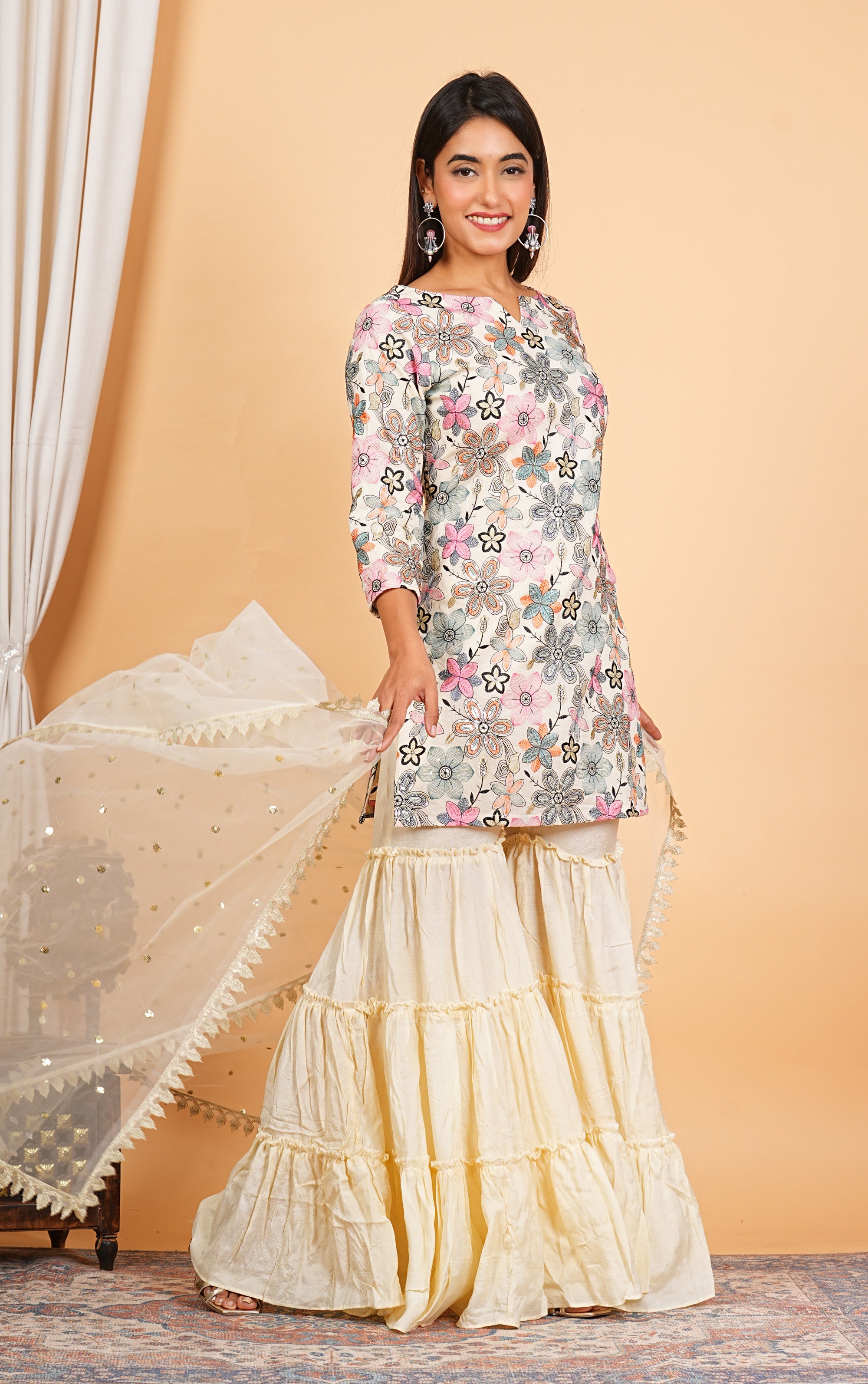 Cream Cotton Embroidered Top With Sharara