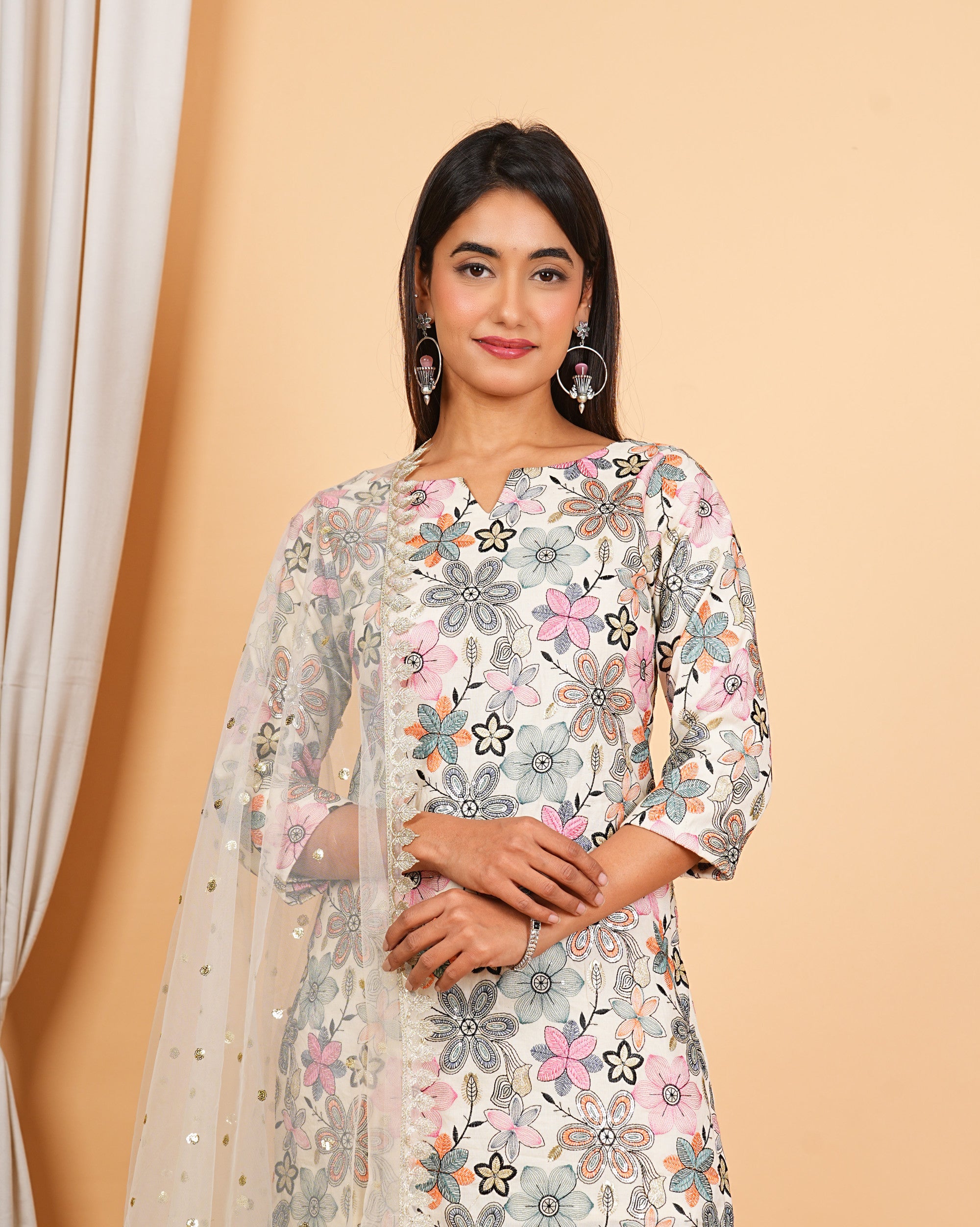 Cream Cotton Embroidered Top With Sharara