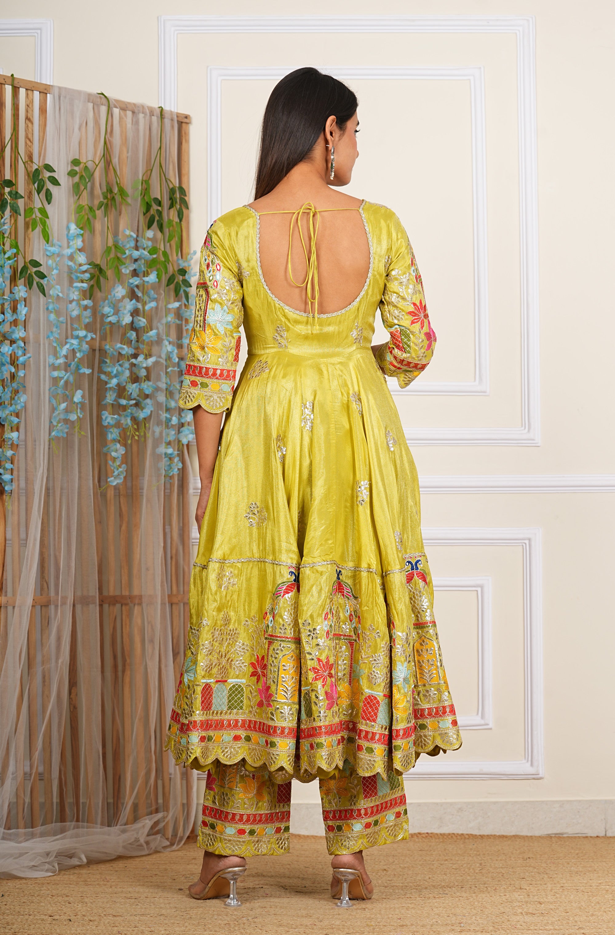 Lemon Green Heavy Embroidered Chinon Anarkali
