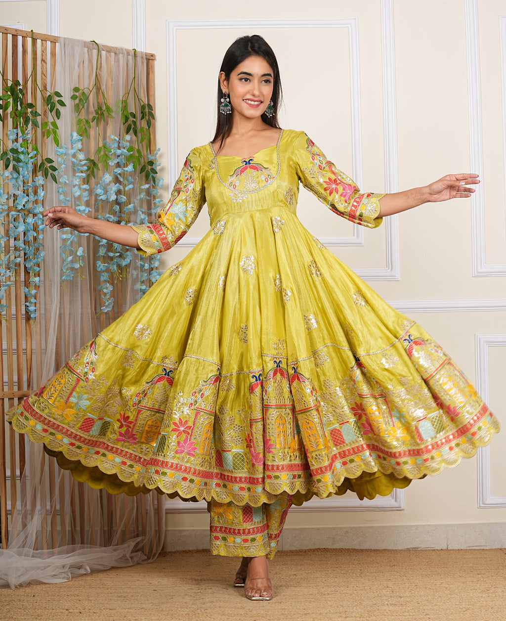 Lemon Green Heavy Embroidered Chinon Anarkali