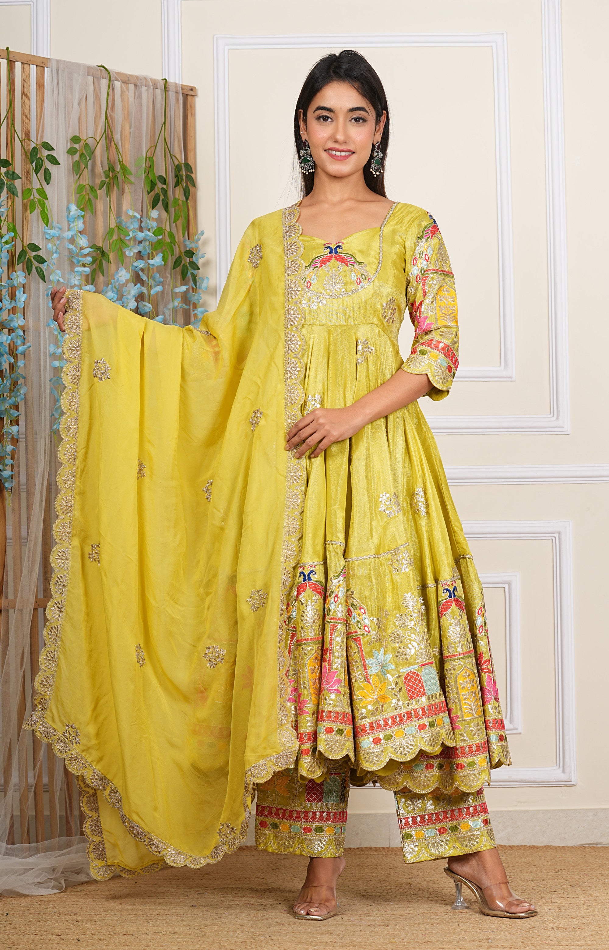 Lemon Green Heavy Embroidered Chinon Anarkali