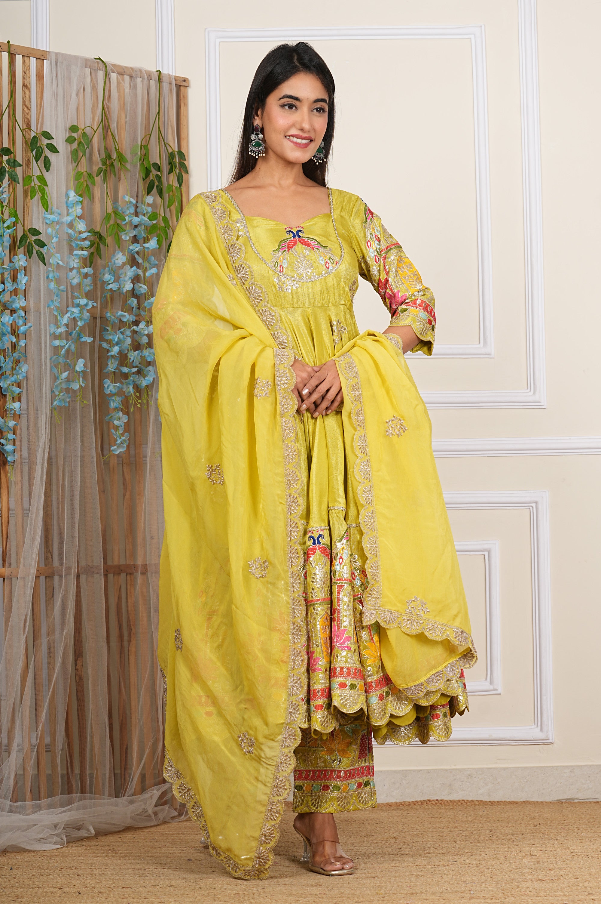 Lemon Green Heavy Embroidered Chinon Anarkali