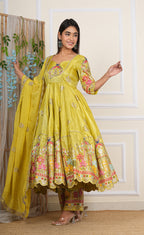 Lemon Green Heavy Embroidered Chinon Anarkali