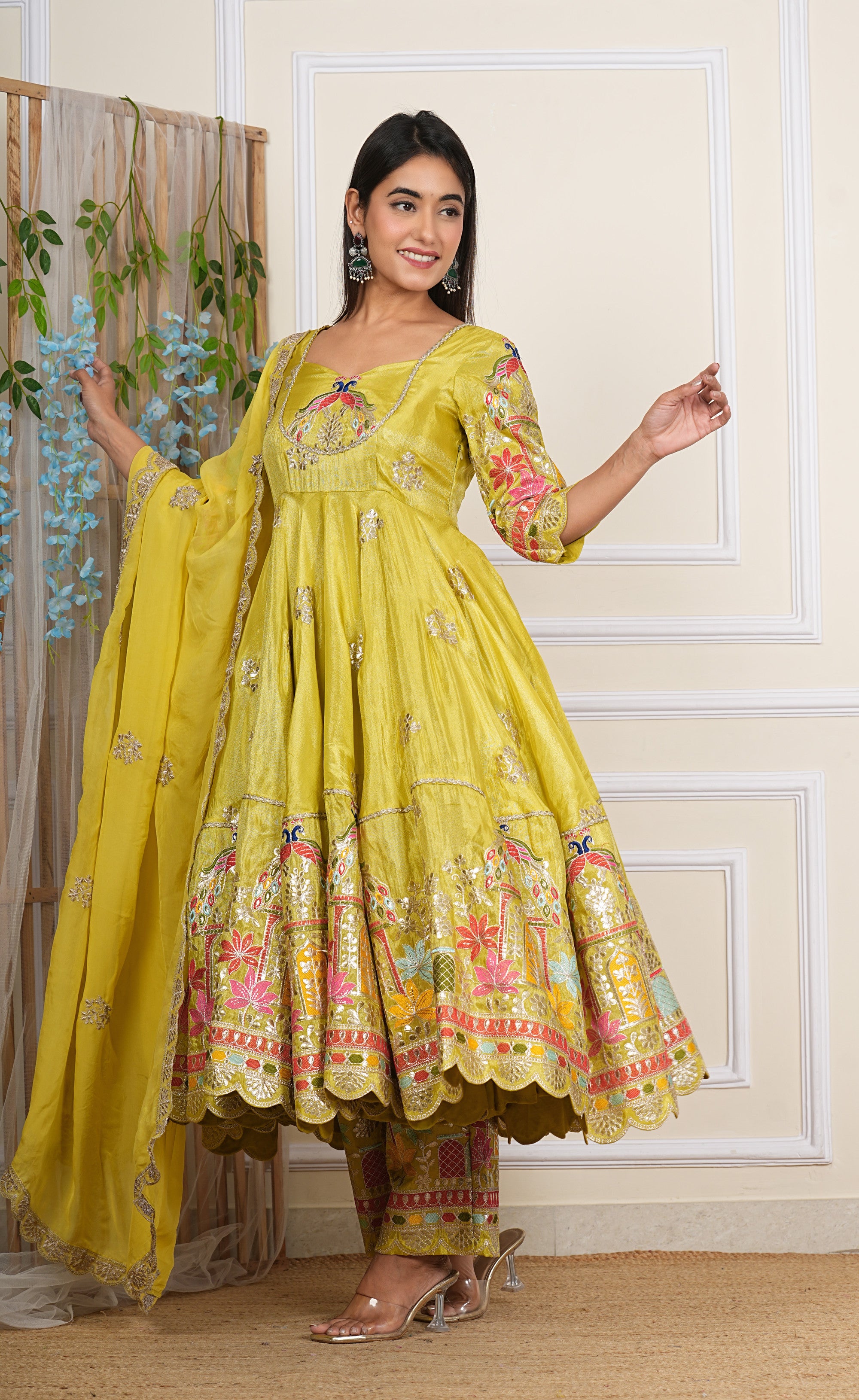 Lemon Green Heavy Embroidered Chinon Anarkali
