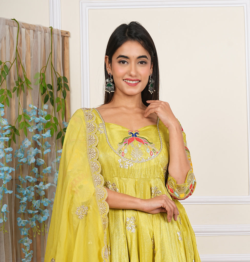 Lemon Green Heavy Embroidered Chinon Anarkali