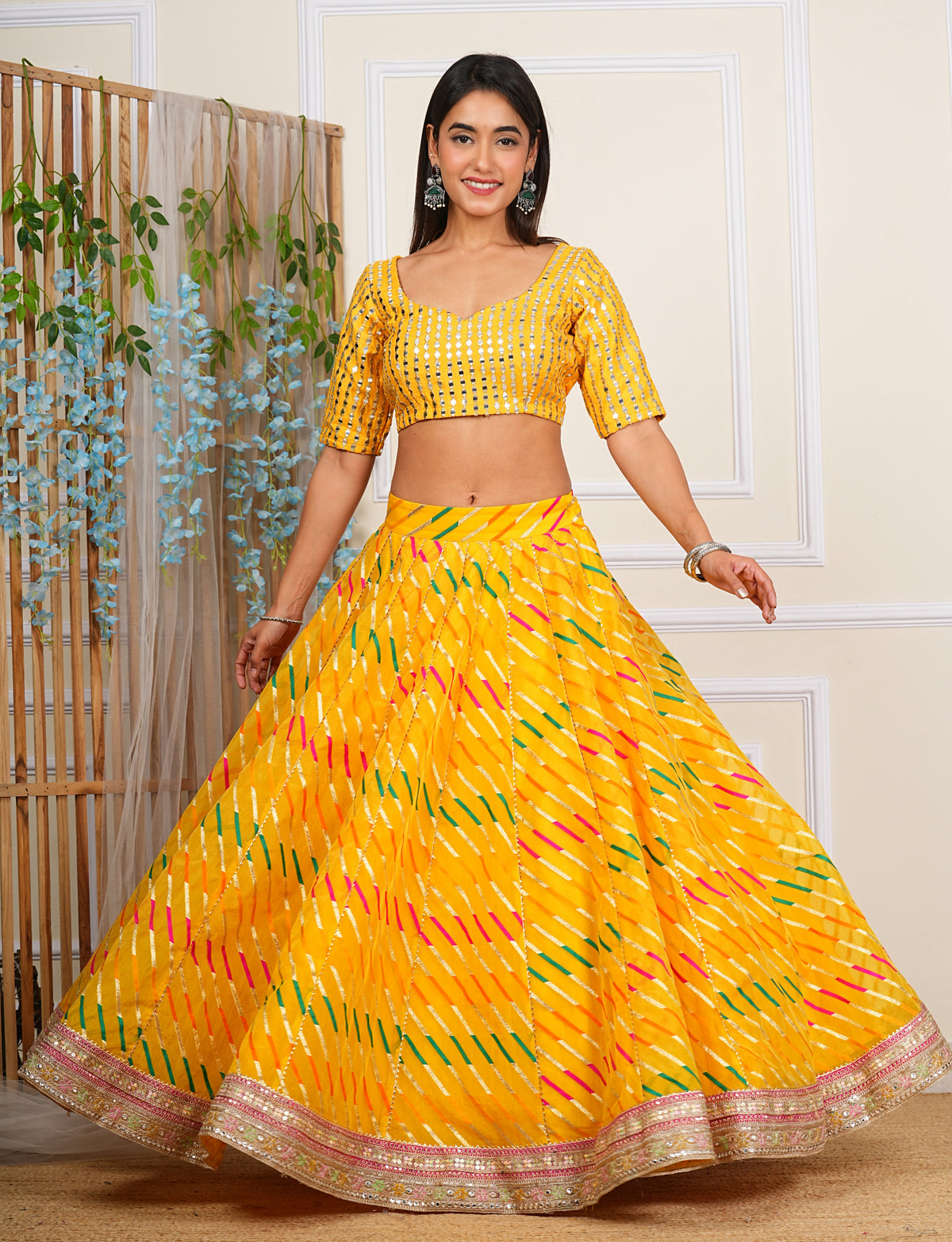 Yellow Digital Printed, Embroidered & Lace Work Organza Lehenga Set