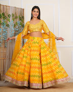 Yellow Digital Printed, Embroidered & Lace Work Organza Lehenga Set