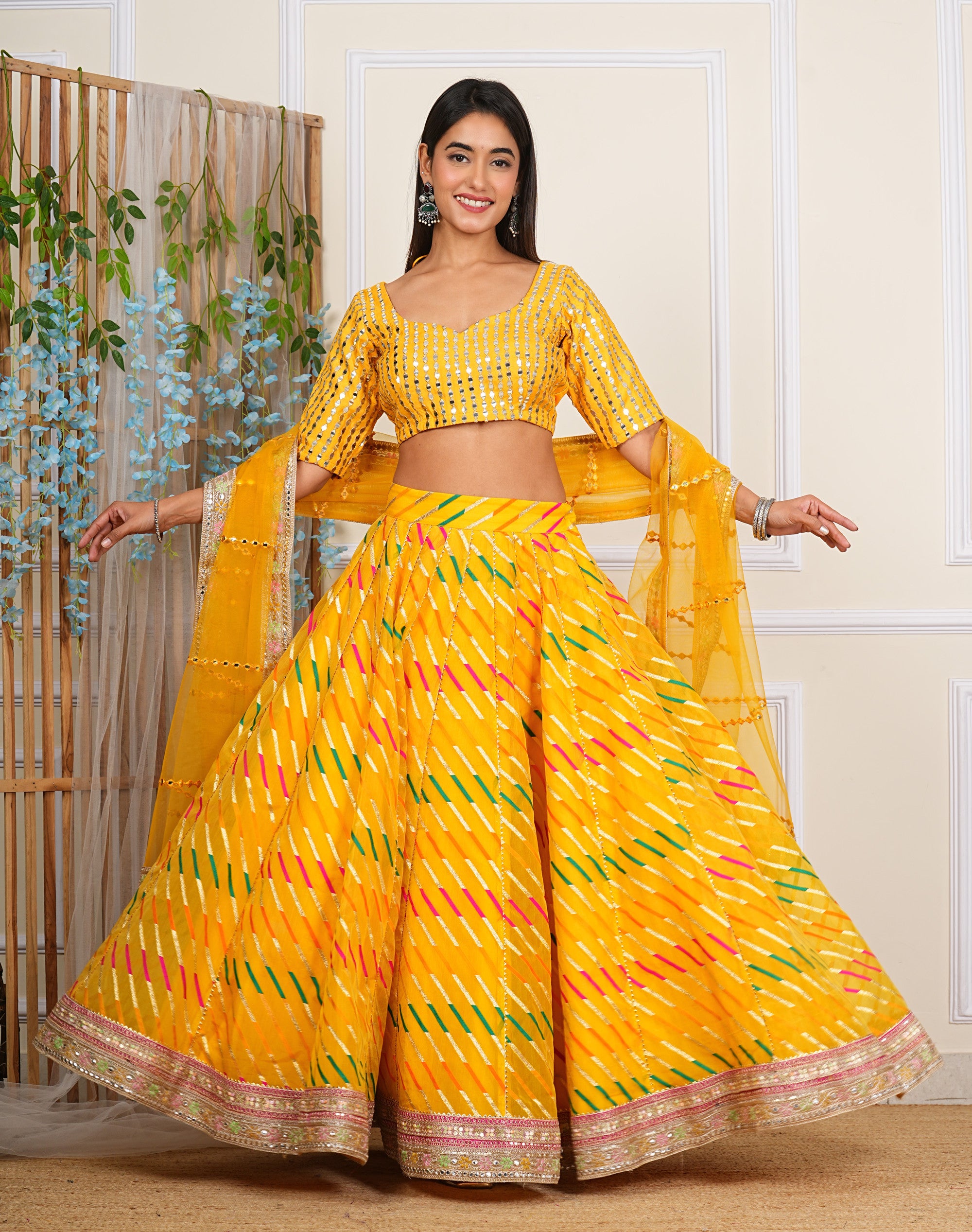 Yellow Digital Printed, Embroidered & Lace Work Organza Lehenga Set