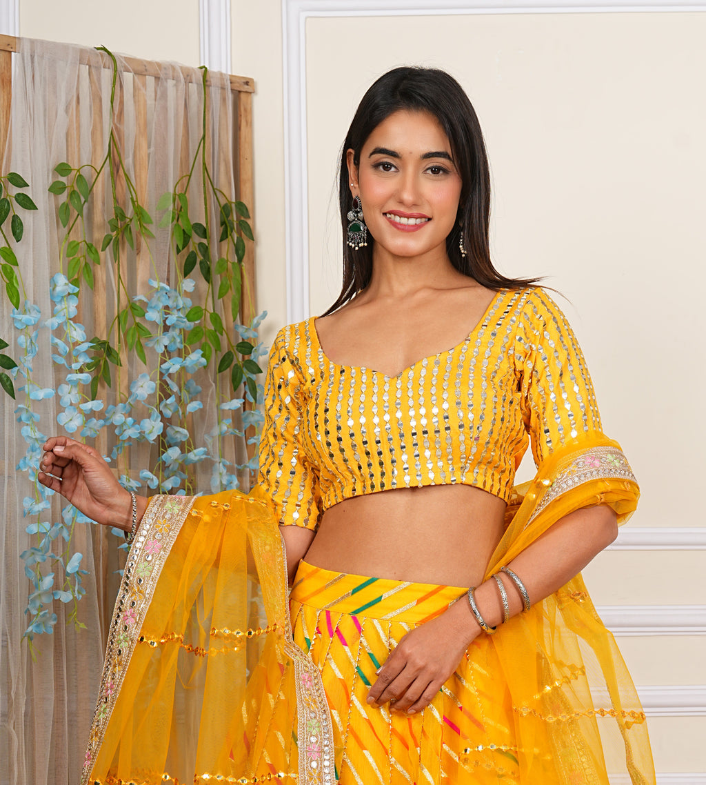 Yellow Digital Printed, Embroidered & Lace Work Organza Lehenga Set