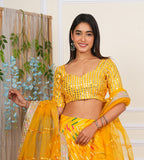 Yellow Digital Printed, Embroidered & Lace Work Organza Lehenga Set