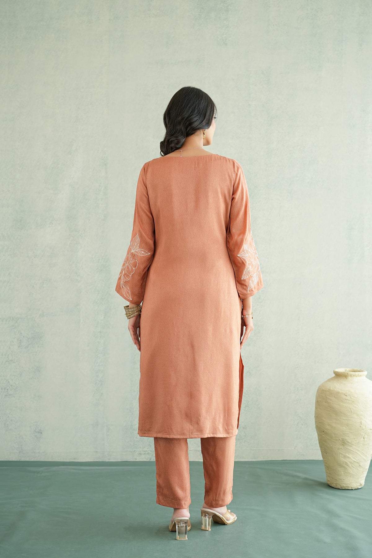 Peach Rose Embroidered Tunic Set