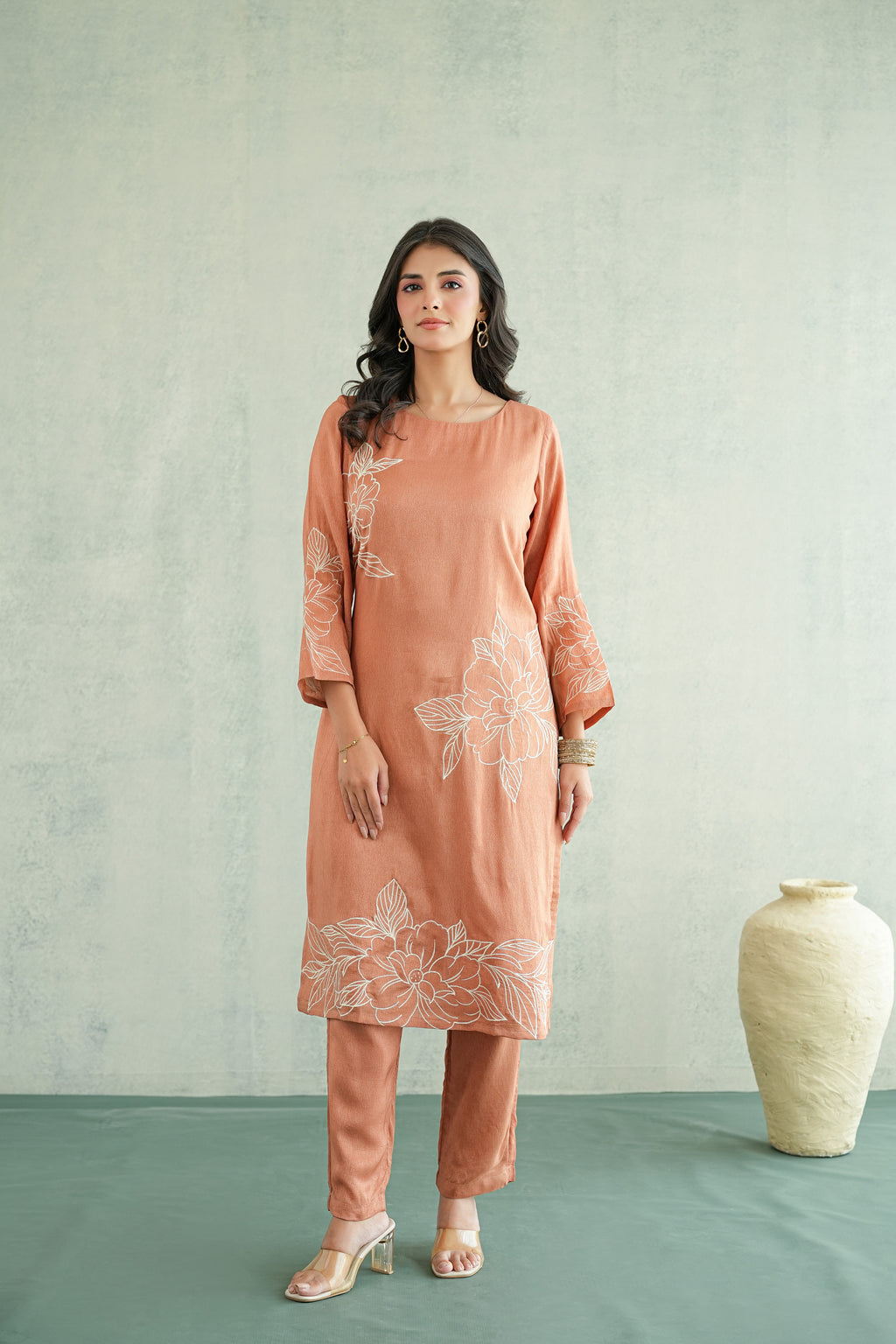 Peach Rose Embroidered Tunic Set