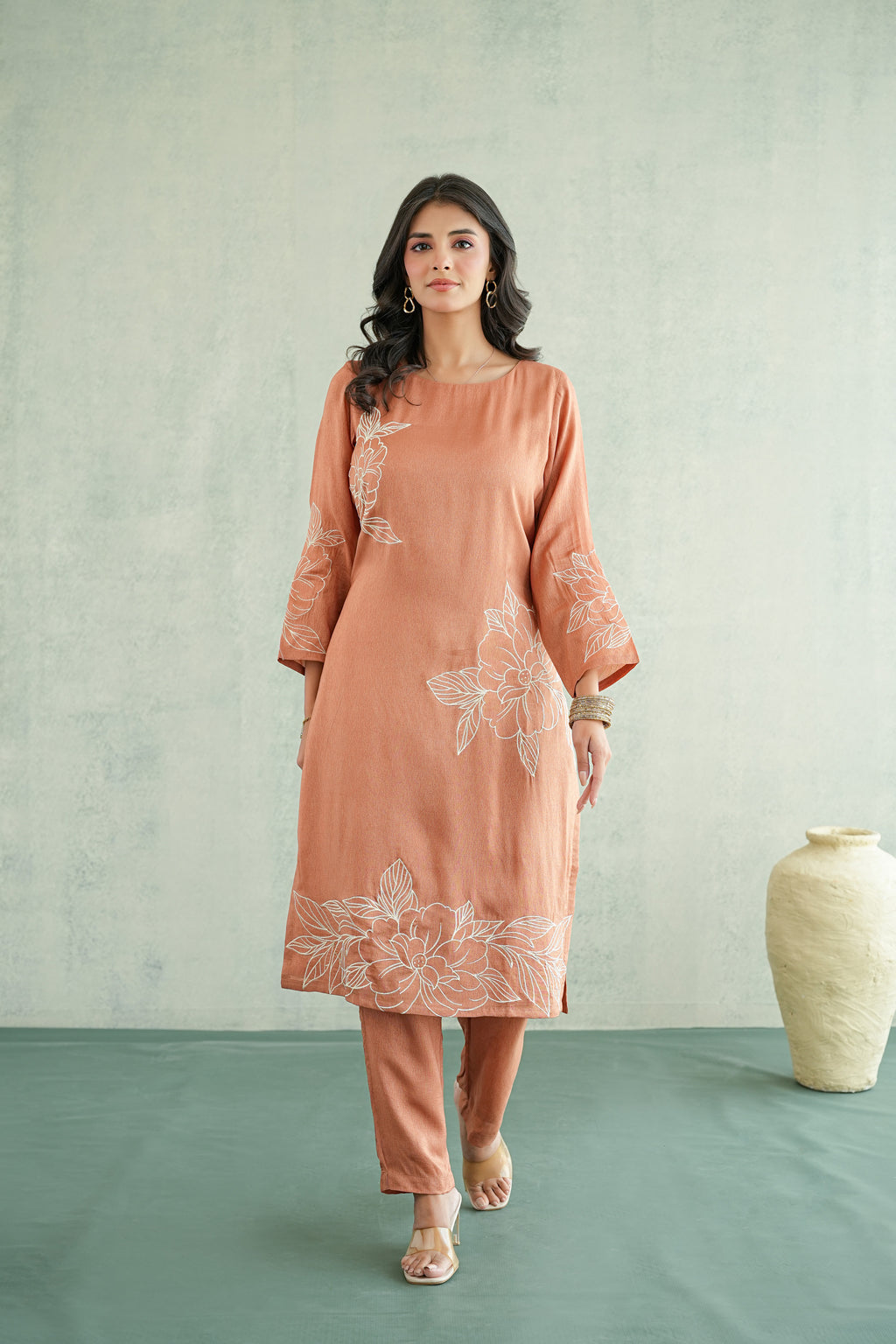 Peach Rose Embroidered Tunic Set