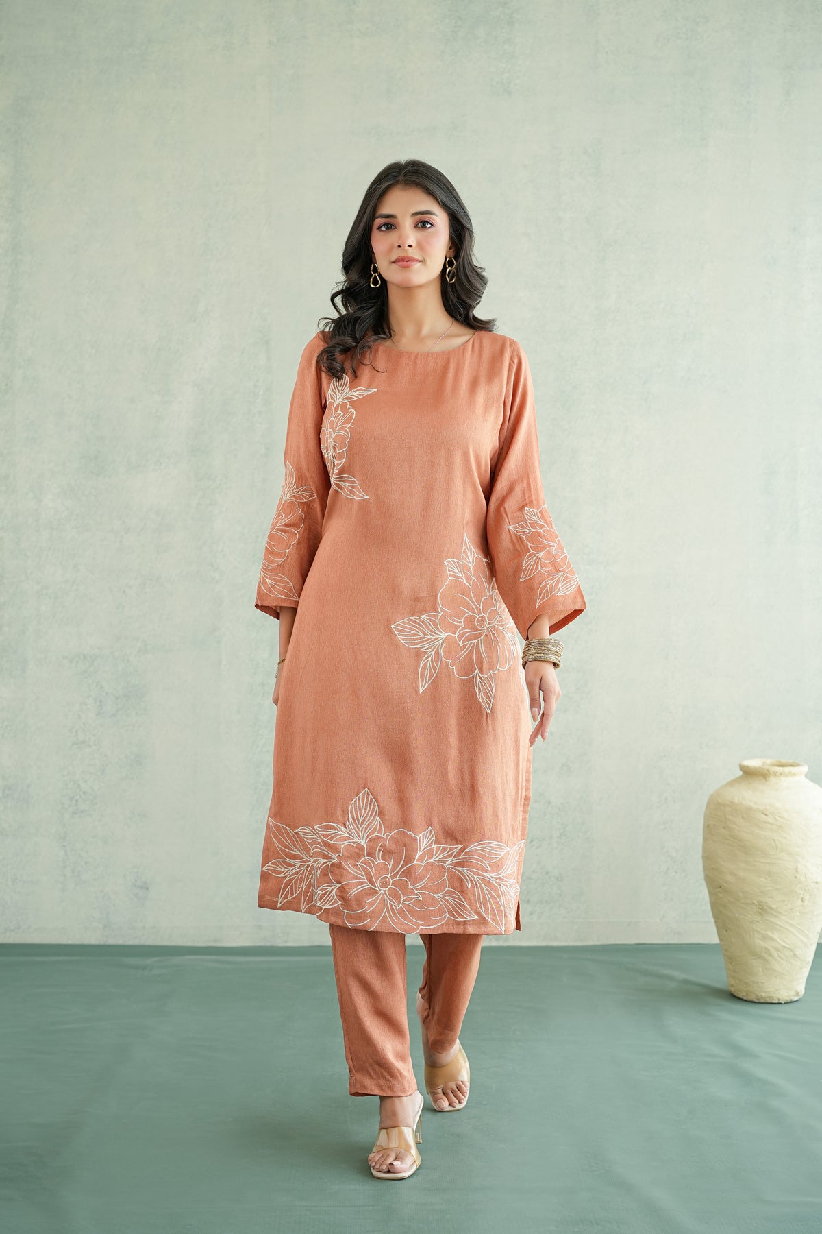 Peach Rose Embroidered Tunic Set