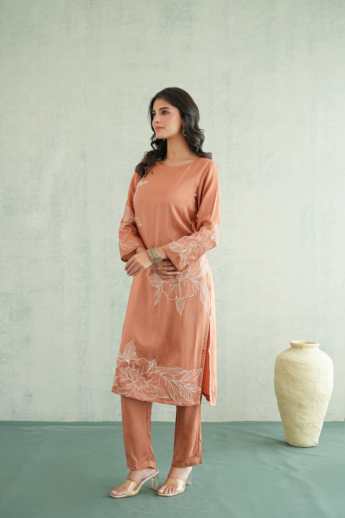Peach Rose Embroidered Tunic Set