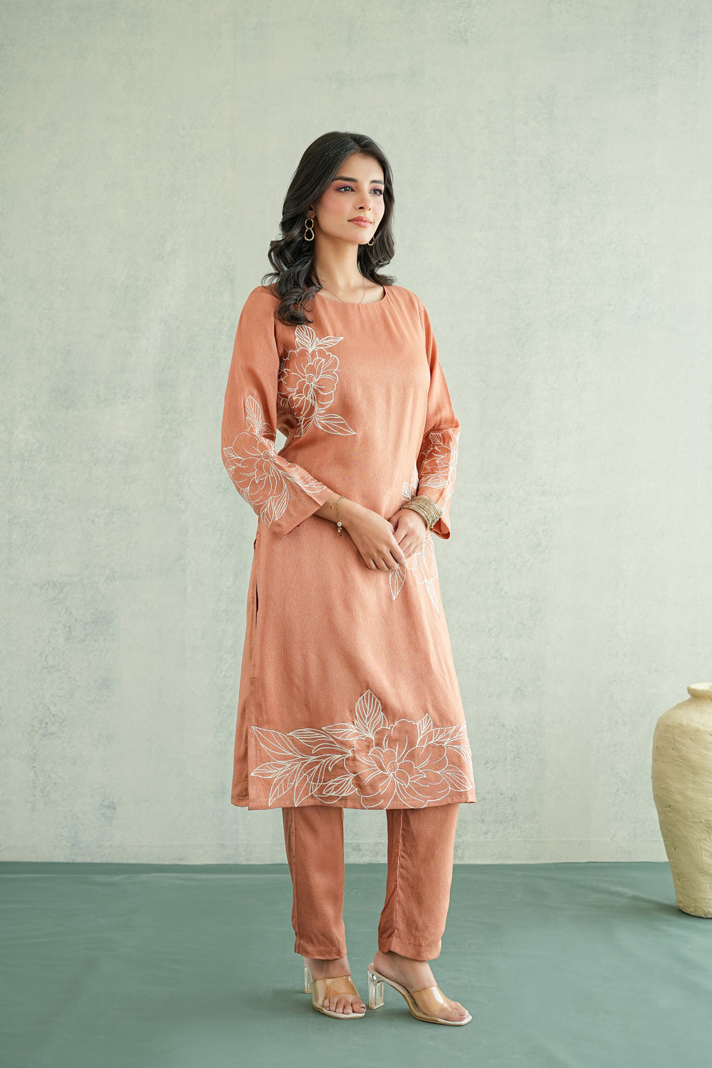Peach Rose Embroidered Tunic Set