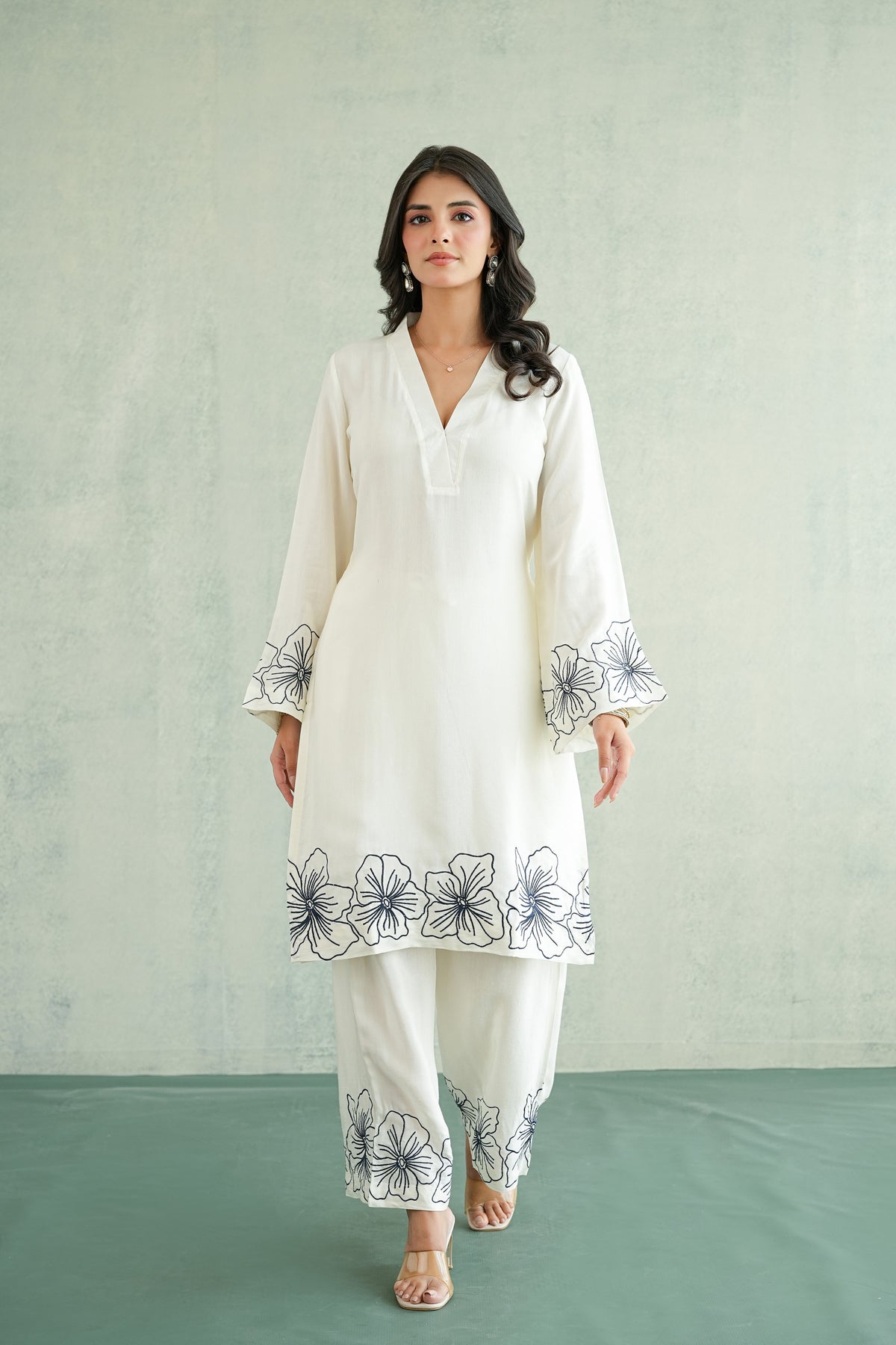White Floral Embroidered Tunic Set