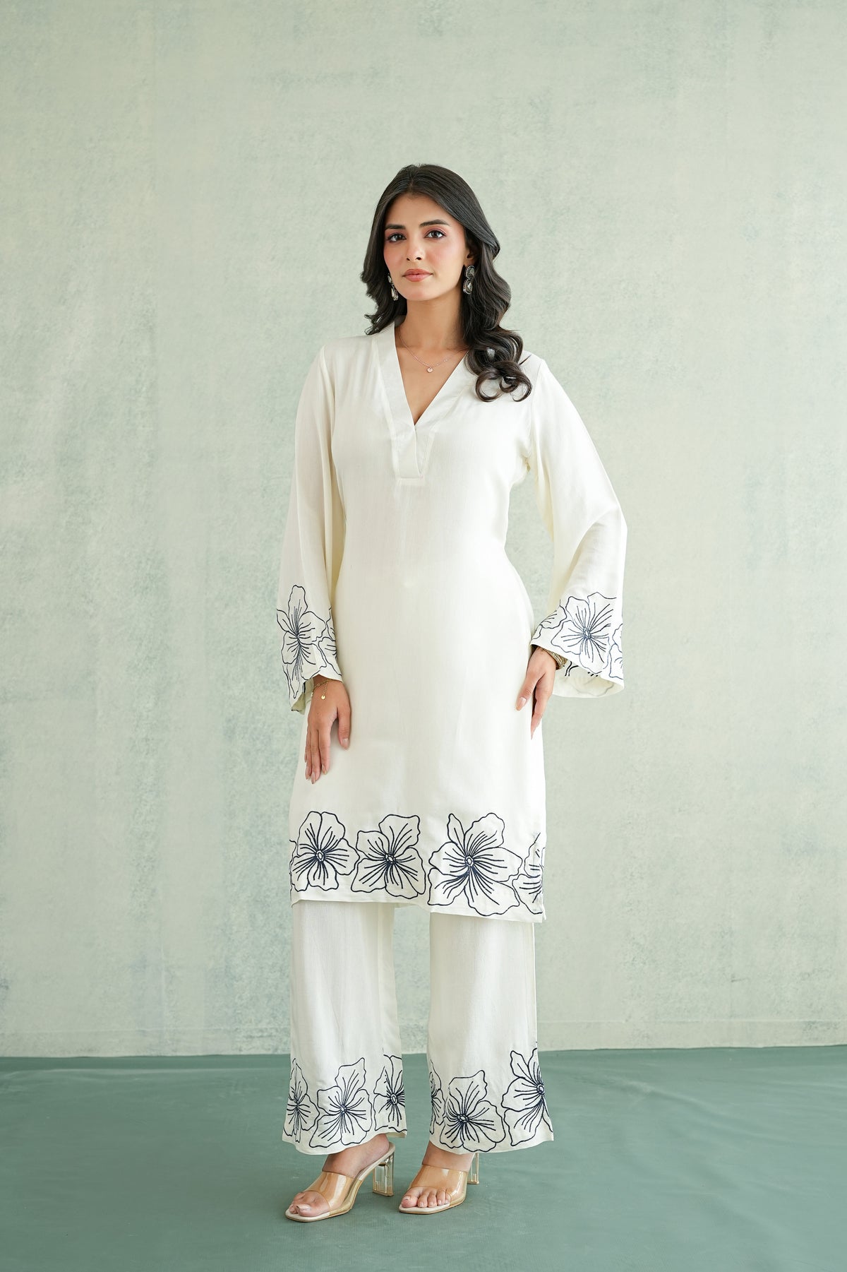 White Floral Embroidered Tunic Set