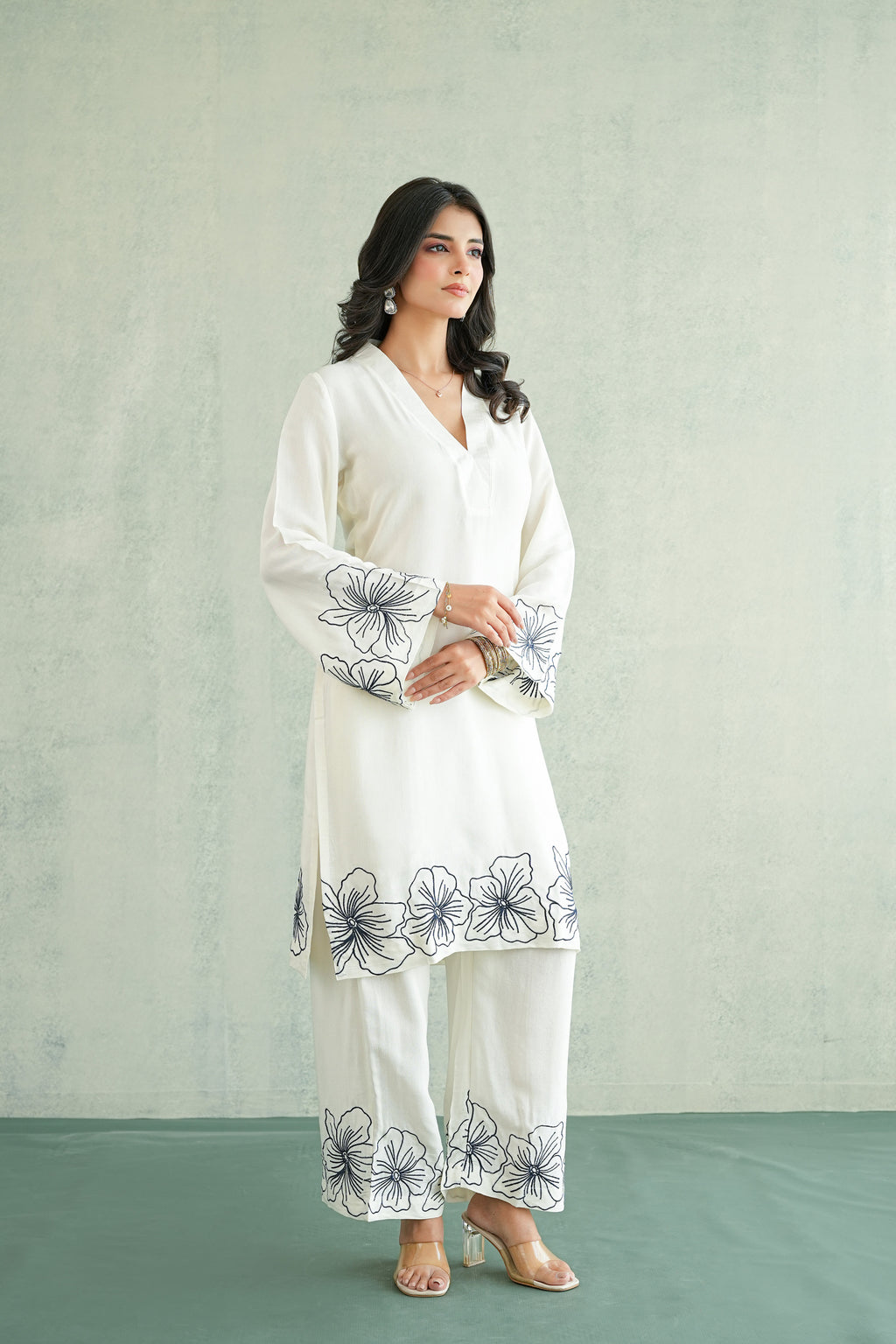 White Floral Embroidered Tunic Set