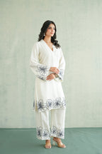White Floral Embroidered Tunic Set