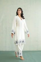 White Floral Embroidered Tunic Set