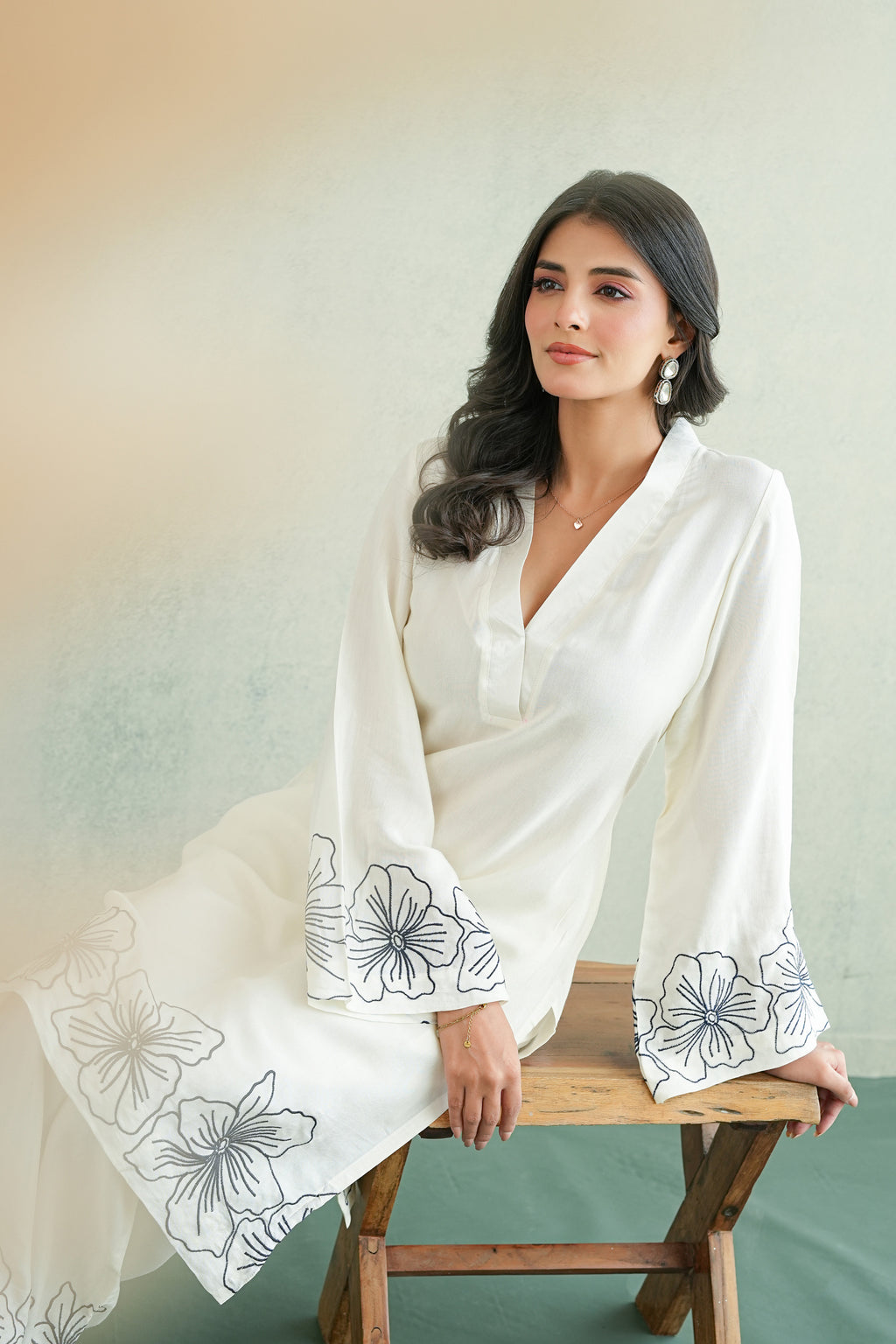 White Floral Embroidered Tunic Set
