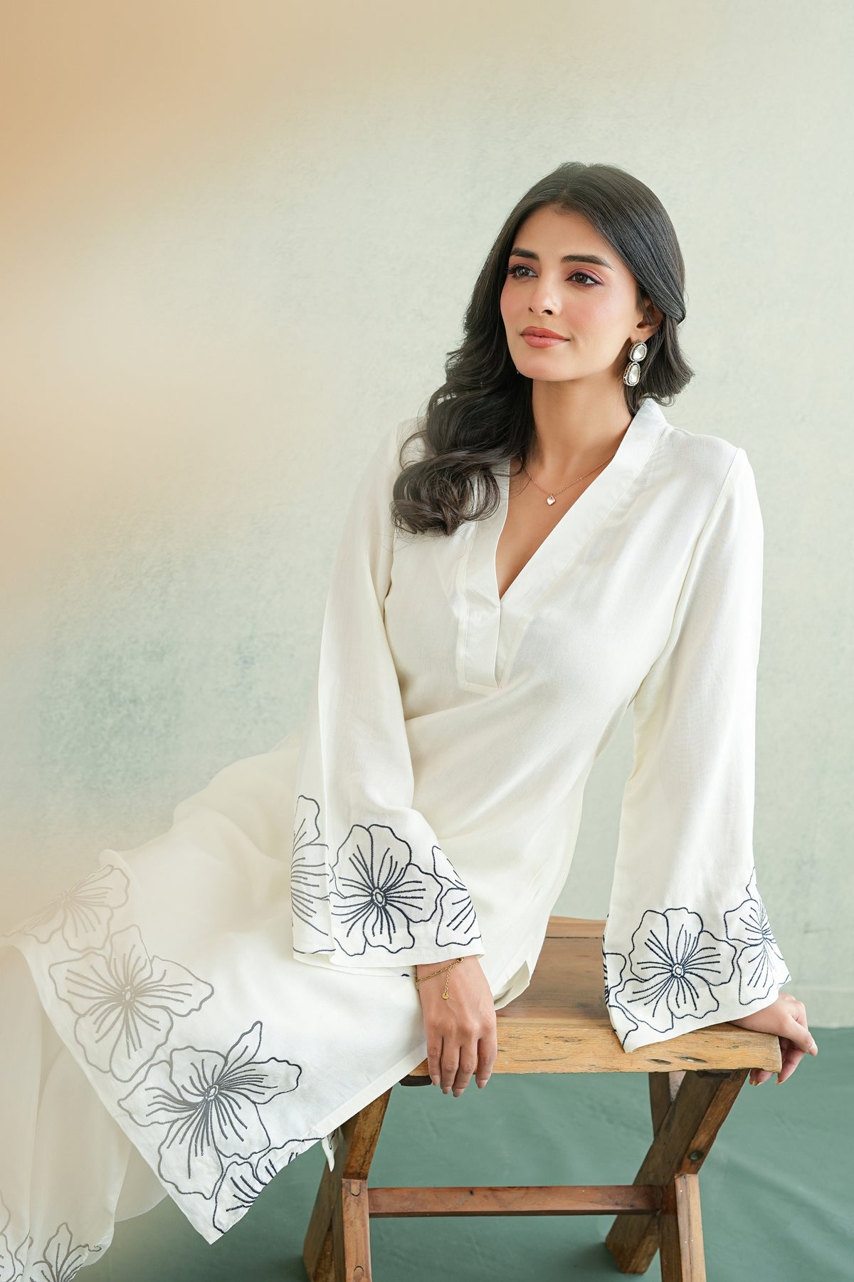 White Floral Embroidered Tunic Set