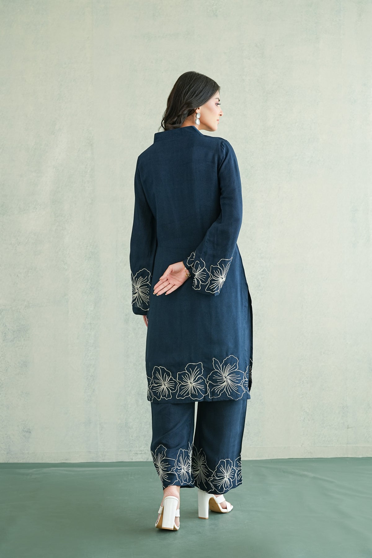 Navy Blue Floral Embroidered Tunic Set