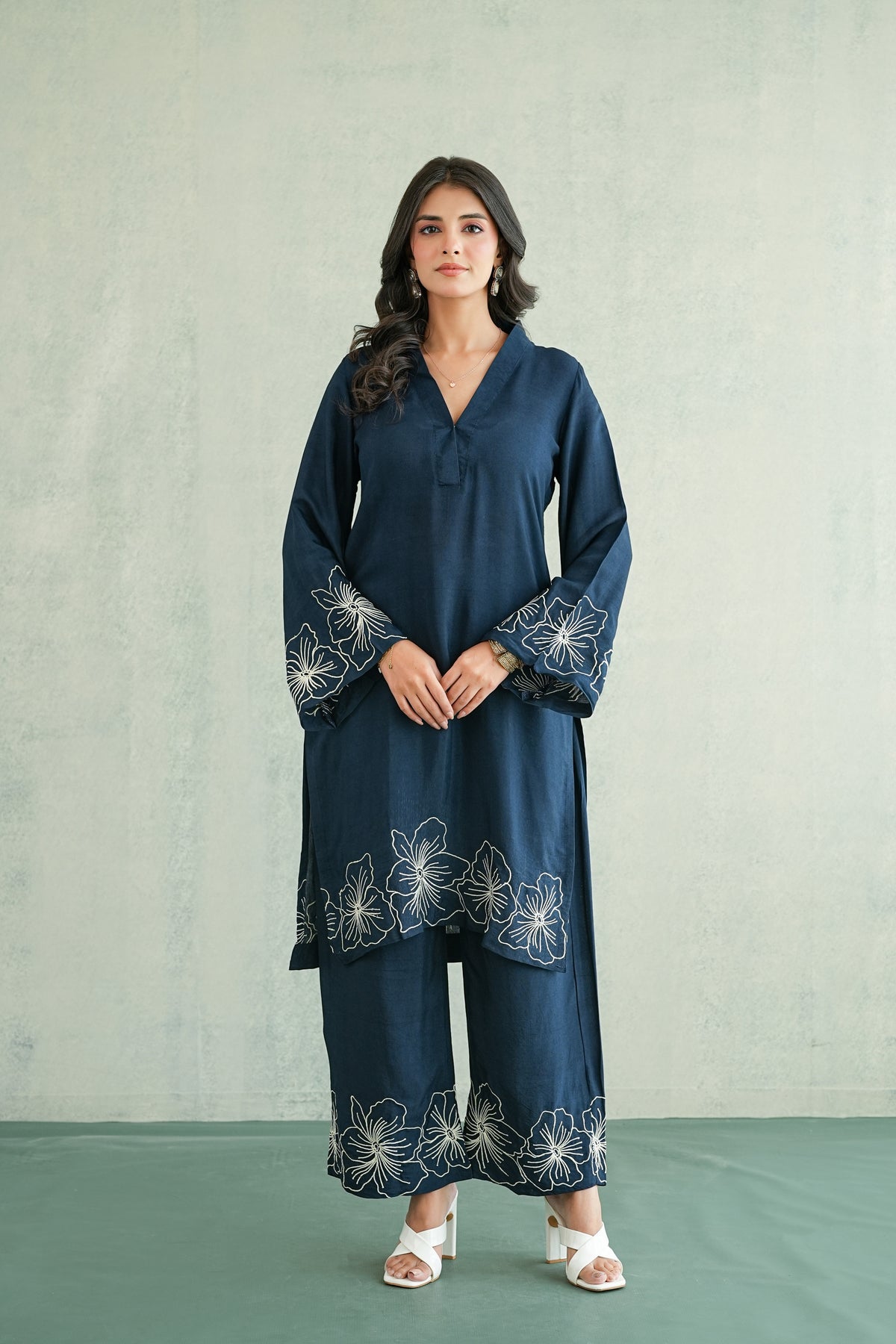 Navy Blue Floral Embroidered Tunic Set