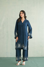 Navy Blue Floral Embroidered Tunic Set