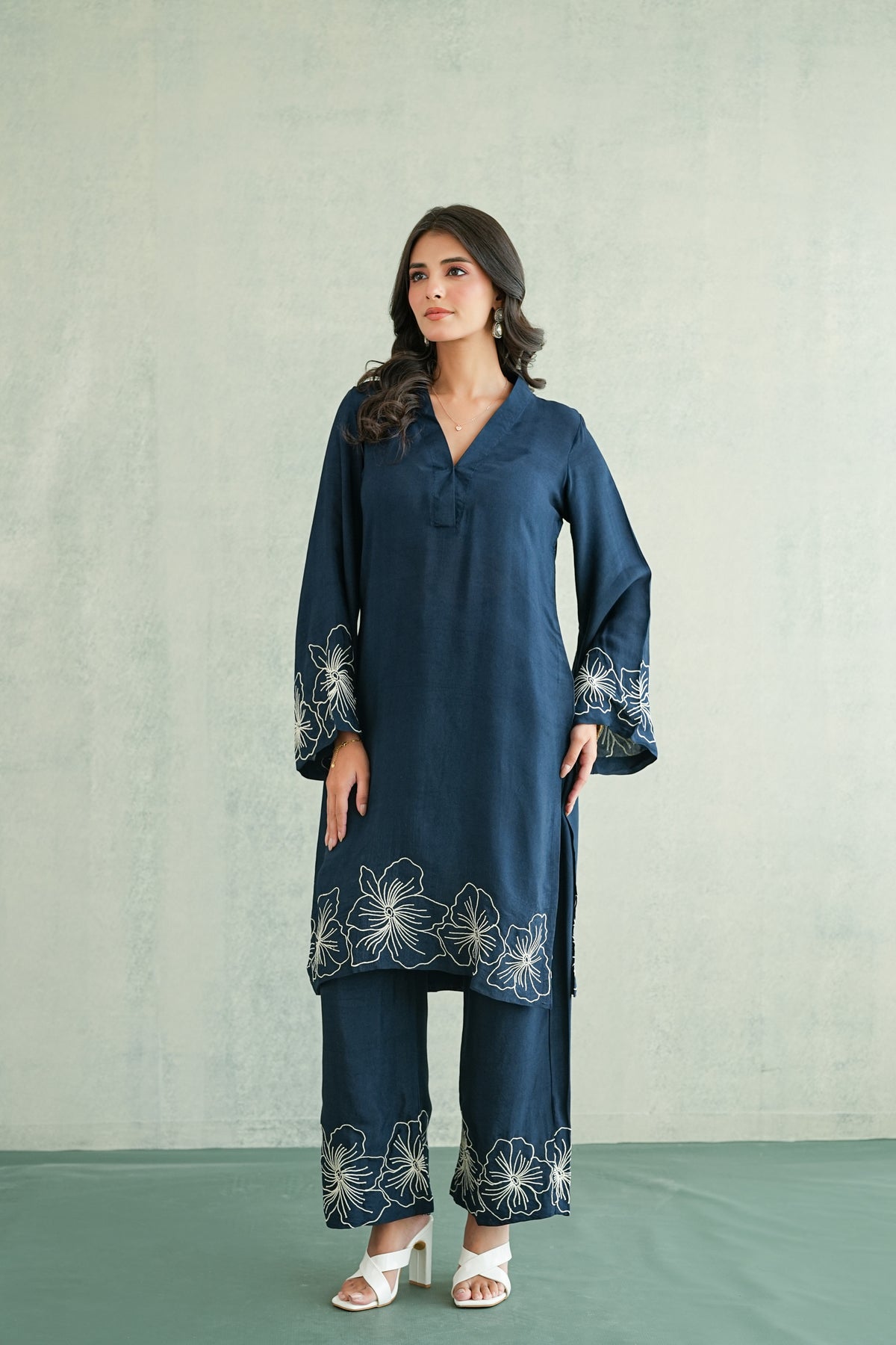 Navy Blue Floral Embroidered Tunic Set