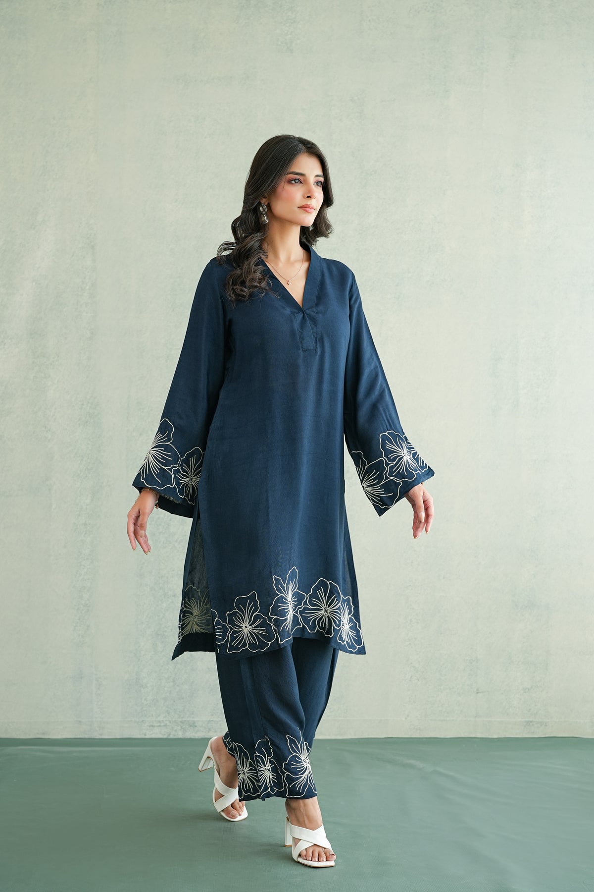 Navy Blue Floral Embroidered Tunic Set