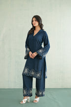 Navy Blue Floral Embroidered Tunic Set