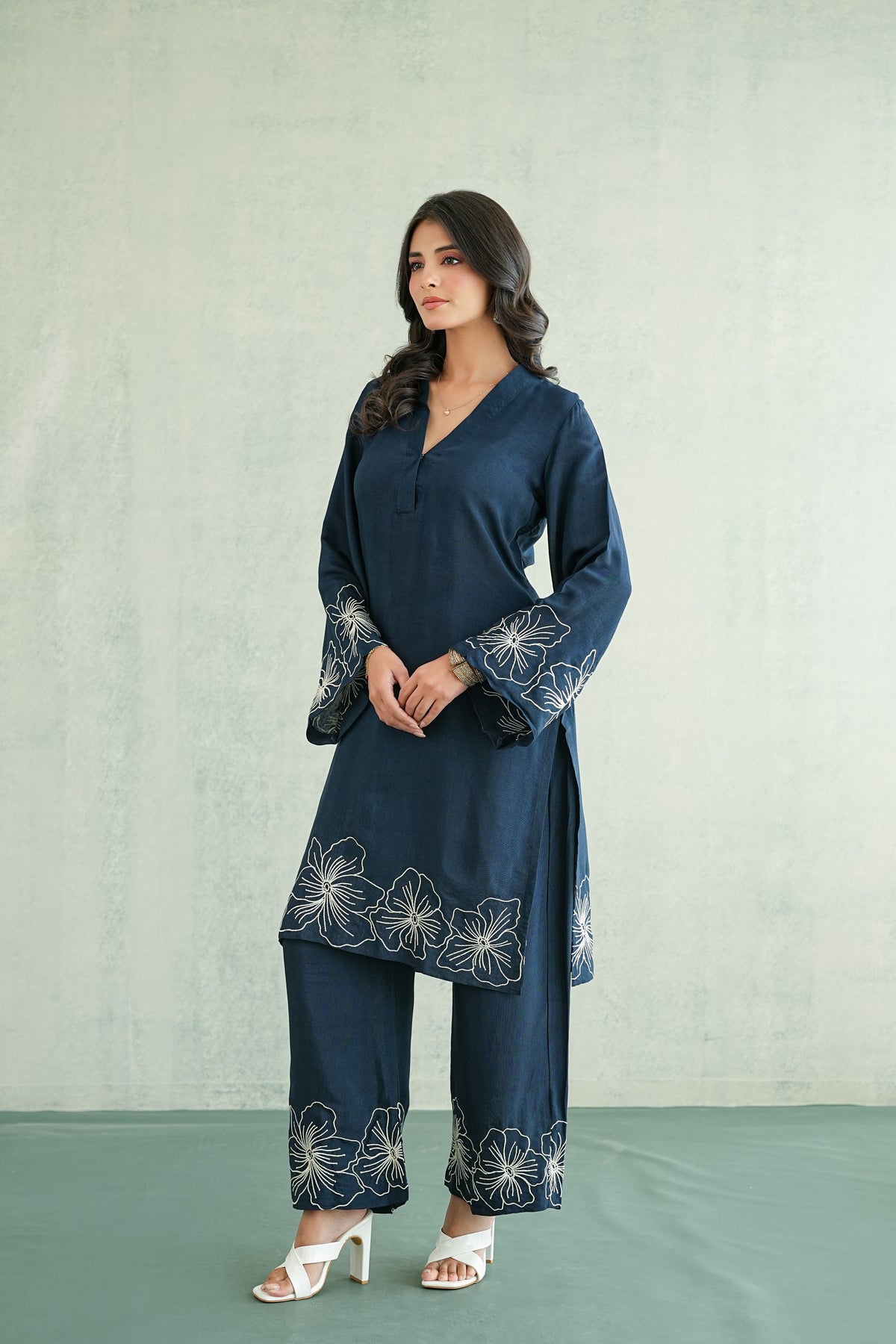 Navy Blue Floral Embroidered Tunic Set