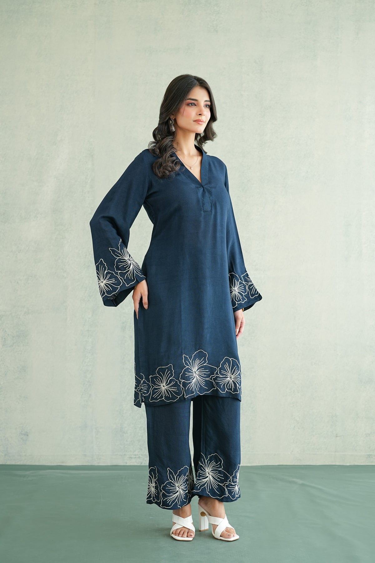 Navy Blue Floral Embroidered Tunic Set