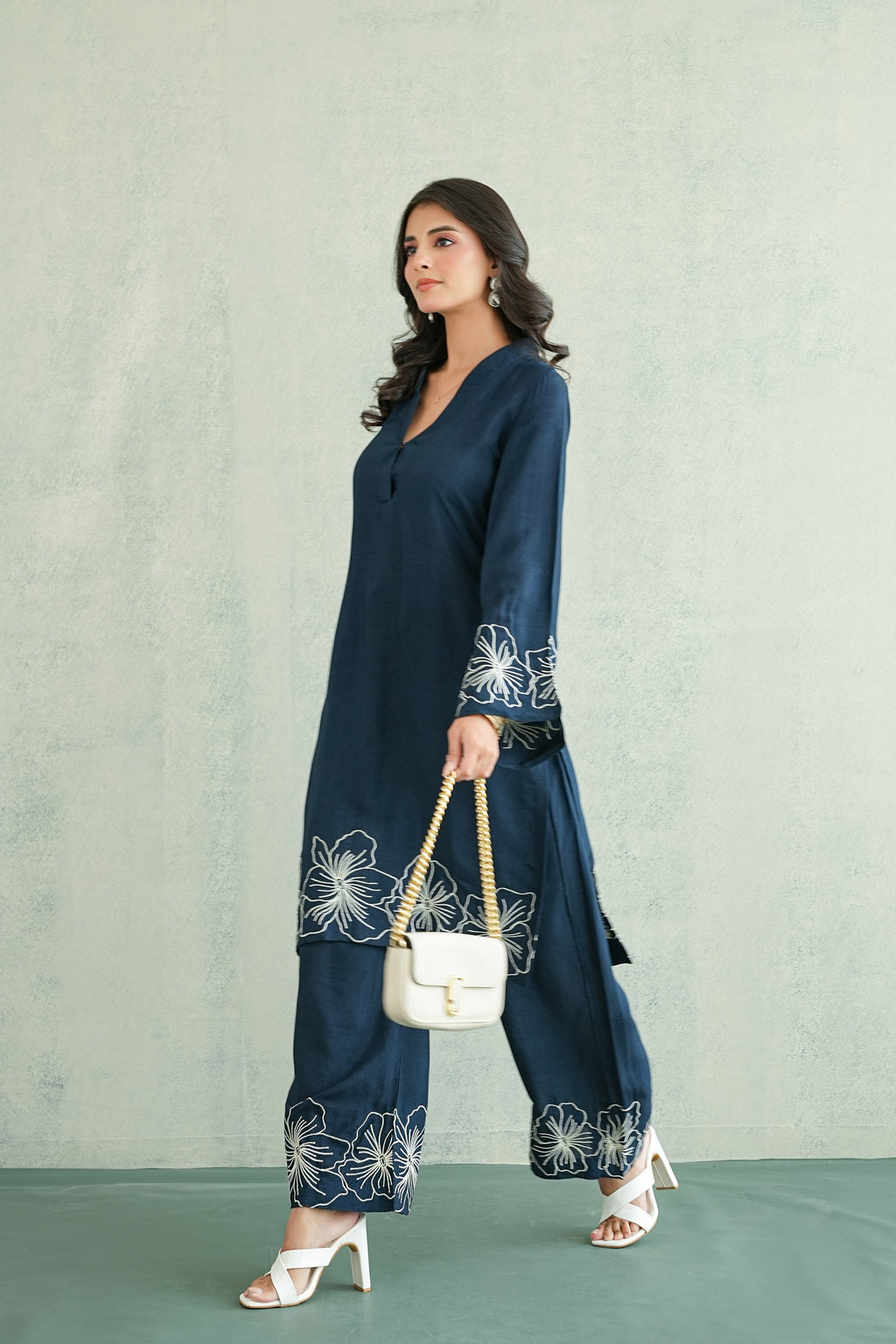 Navy Blue Floral Embroidered Tunic Set