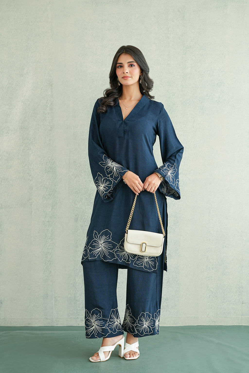 Navy Blue Floral Embroidered Tunic Set