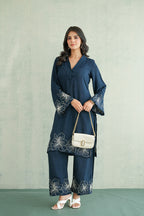 Navy Blue Floral Embroidered Tunic Set