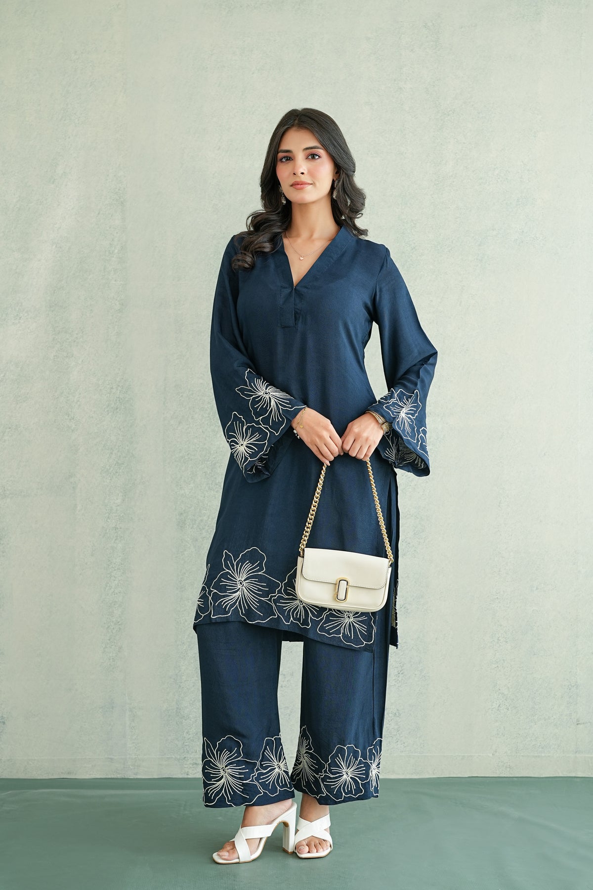 Navy Blue Floral Embroidered Tunic Set